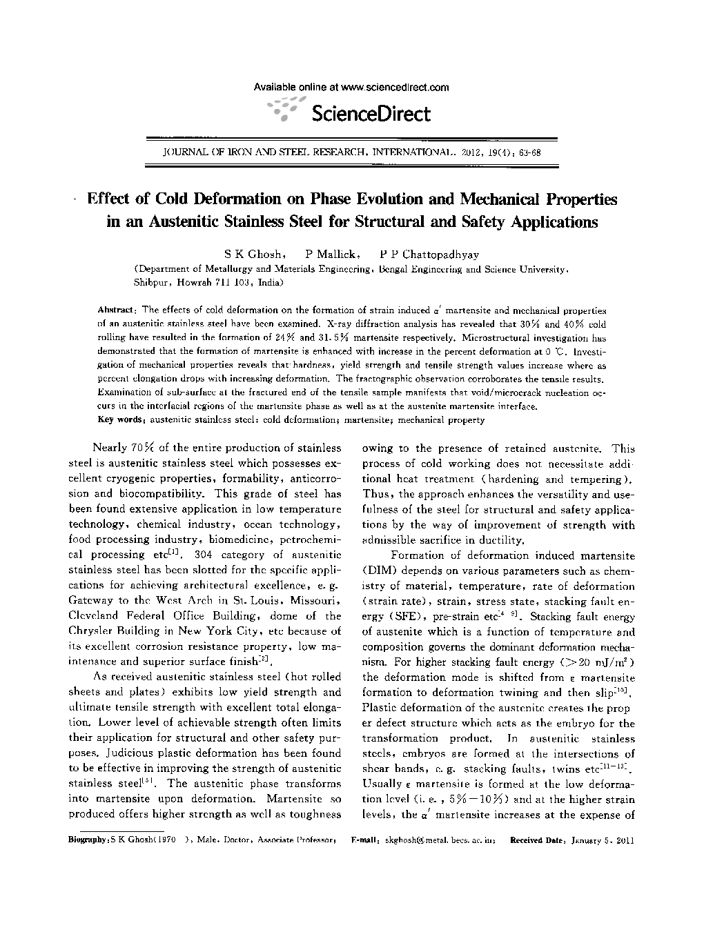 عکس صفحه اول مقاله: Effect of Cold Deformation on Phase Evolution and Mechanical Properties in an Austenitic Stainless Steel for Structural and Safety Applications Effect of Cold Deformation on Phase Evolution and Mechanical Properties in an Austenitic Stainless Steel for Structural and Safety Applications