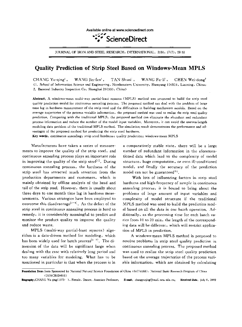 عکس صفحه اول مقاله: Quality Prediction of Strip Steel Based on Windows-Mean MPLS Quality Prediction of Strip Steel Based on Windows-Mean MPLS