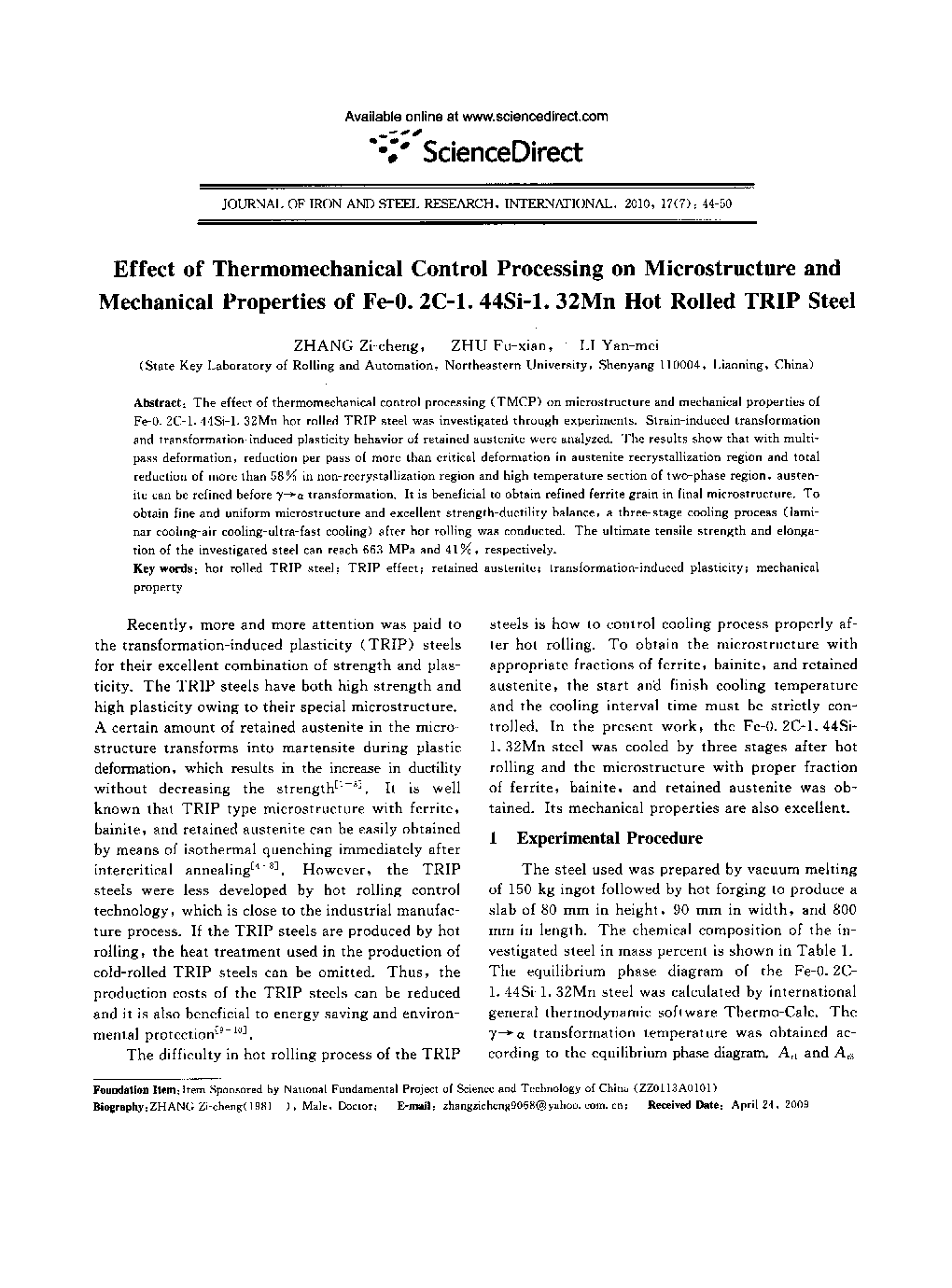عکس صفحه اول مقاله: Effect of Thermomechanical Control Processing on Microstructure and Mechanical Properties of Fe-0. 2C-1. 44Si-1. 32Mn Hot Rolled TRIP Steel Effect of Thermomechanical Control Processing on Microstructure and Mechanical Properties of Fe-0. 2C-1. 44Si-1. 32Mn Hot Rolled TRIP Steel