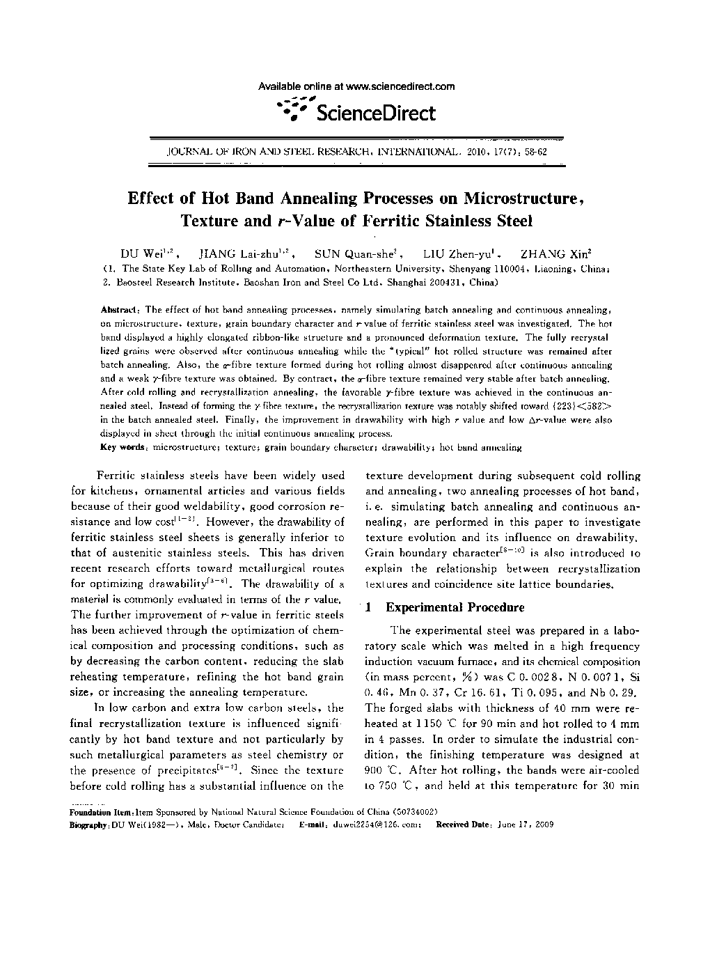 عکس صفحه اول مقاله: Effect of Hot Band Annealing Processes on Microstructure, Texture and r-Value of Ferritic Stainless Steel Effect of Hot Band Annealing Processes on Microstructure, Texture and r-Value of Ferritic Stainless Steel