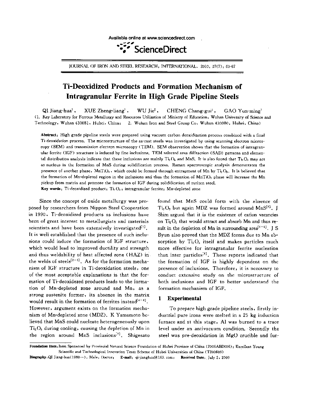 عکس صفحه اول مقاله: Ti-Deoxidized Products and Formation Mechanism of Intragranular Ferrite in High Grade Pipeline Steels Ti-Deoxidized Products and Formation Mechanism of Intragranular Ferrite in High Grade Pipeline Steels