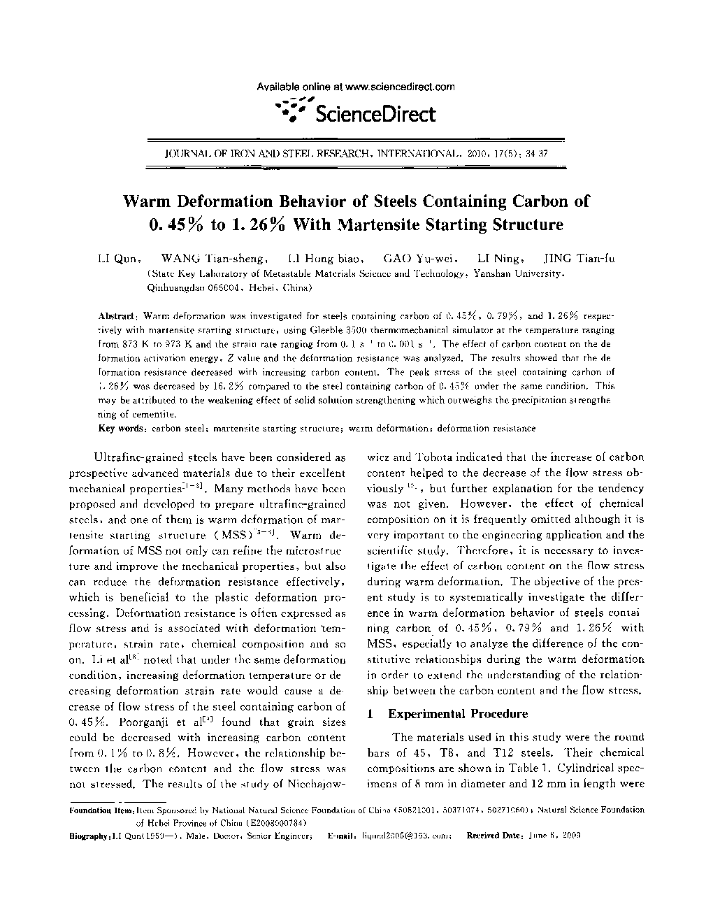 Warm Deformation Behavior of Steels Containing Carbon of 0. 45% to 1. 26% With Martensite Starting Structure 