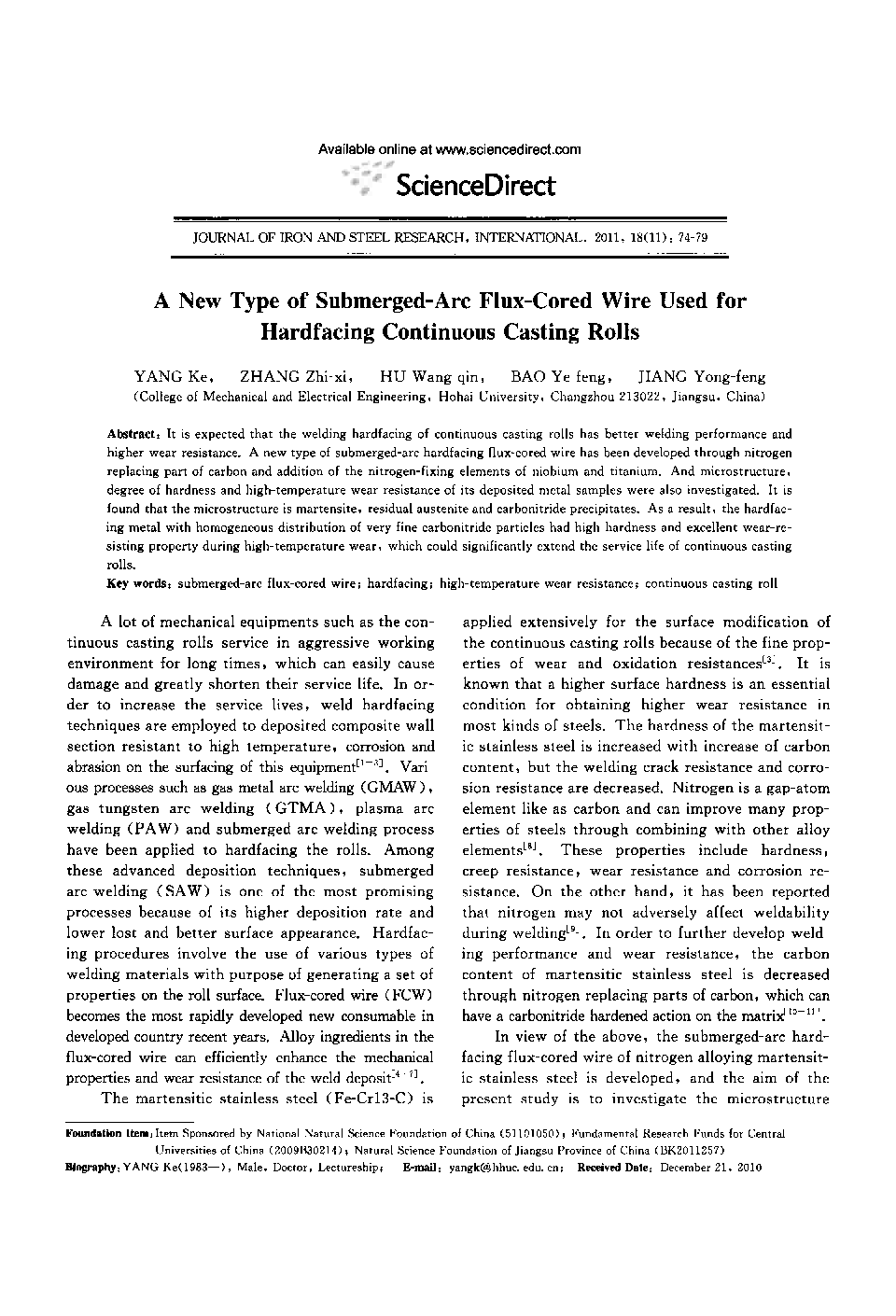 A New Type of Submerged-Arc Flux-Cored Wire Used for Hardfacing Continuous Casting Rolls 