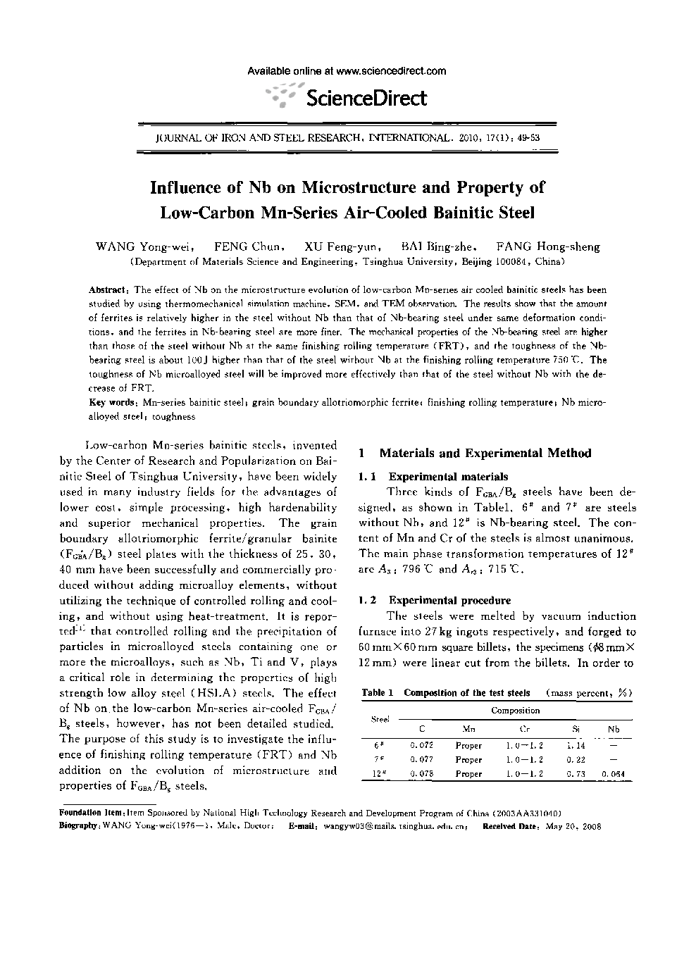 Influence of Nb on Microstructure and Property of Low-Carbon Mn-Series Air-Cooled Bainitic Steel 