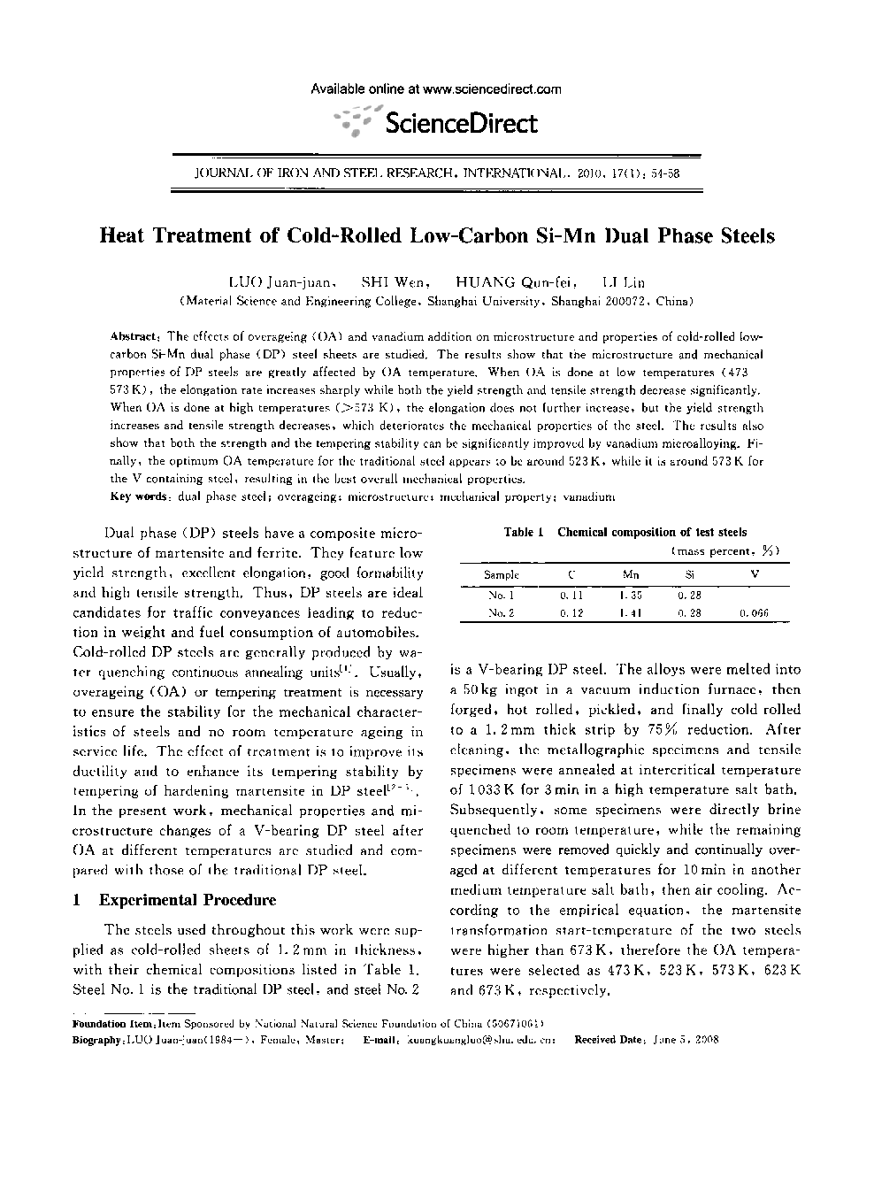 Heat Treatment of Cold-Rolled Low-Carbon Si-Mn Dual Phase Steels 