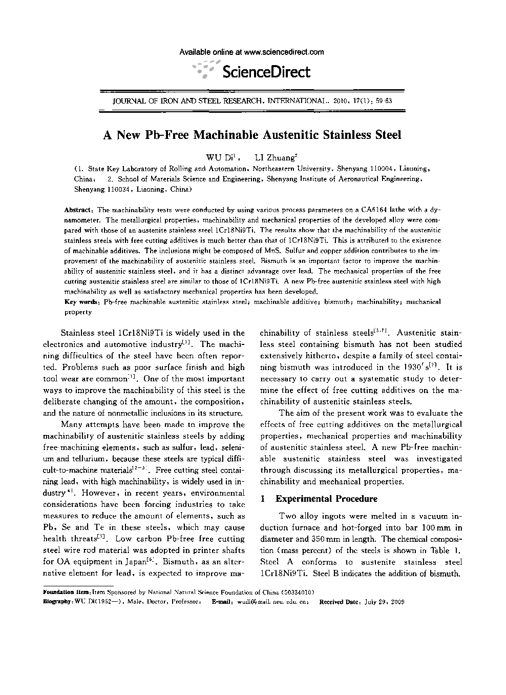 A New Pb-Free Machinable Austenitic Stainless Steel 