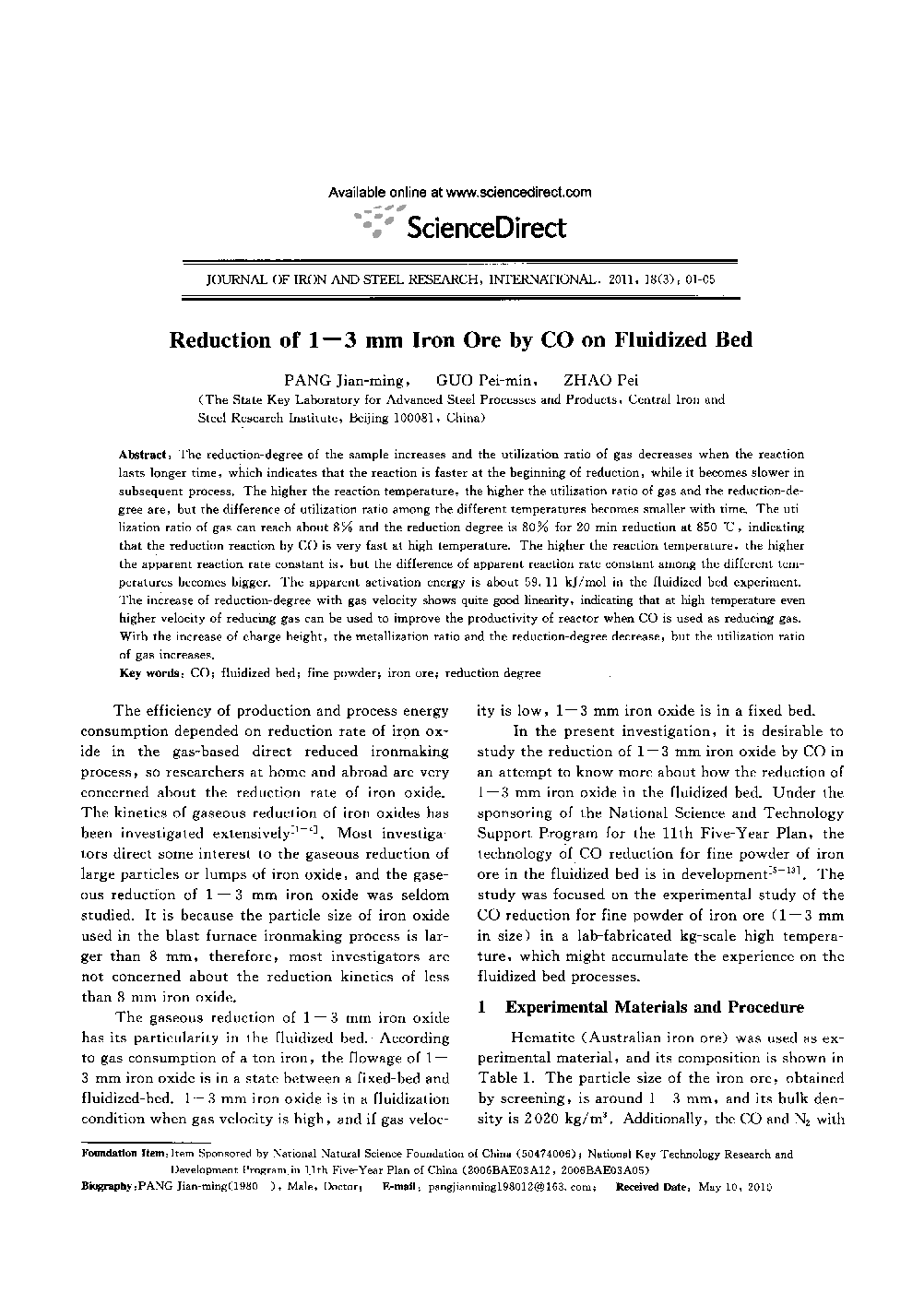 Reduction of 1—3 mm Iron Ore by CO on Fluidized Bed 