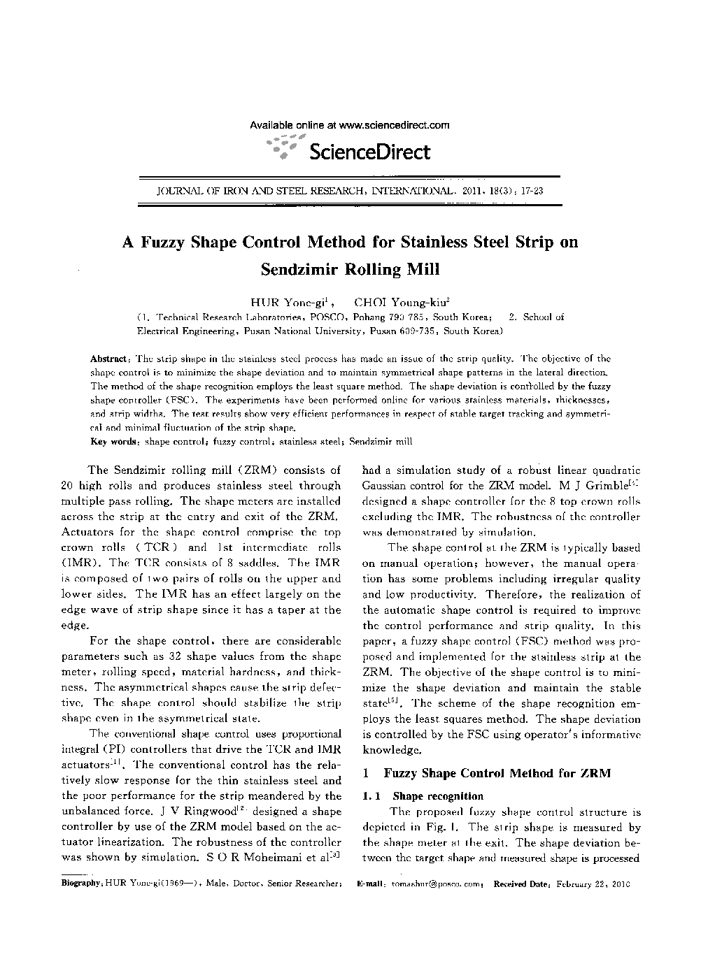 A Fuzzy Shape Control Method for Stainless Steel Strip on Sendzimir Rolling Mill