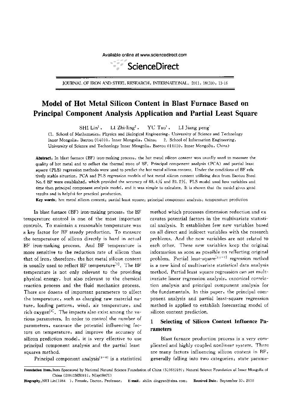Model of Hot Metal Silicon Content in Blast Furnace Based on Principal Component Analysis Application and Partial Least Square 
