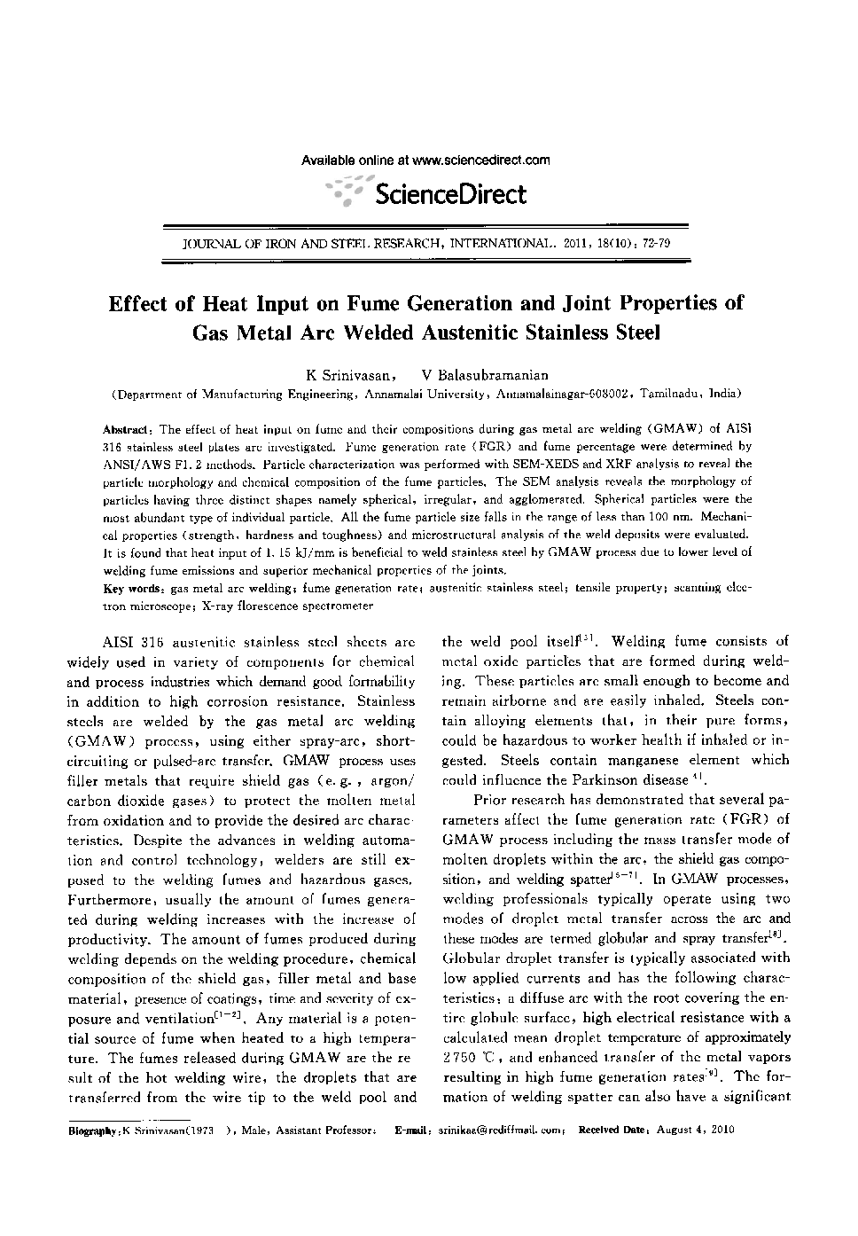 Effect of Heat Input on Fume Generation and Joint Properties of Gas Metal Arc Welded Austenitic Stainless Steel