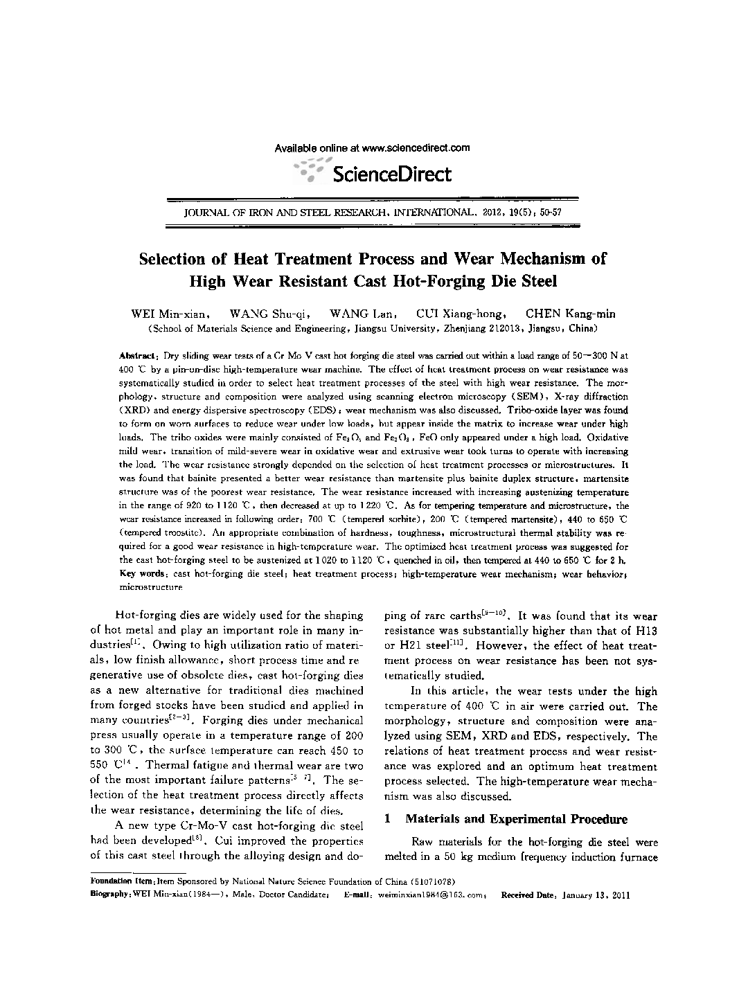 Selection of Heat Treatment Process and Wear Mechanism of High Wear Resistant Cast Hot-Forging Die Steel 