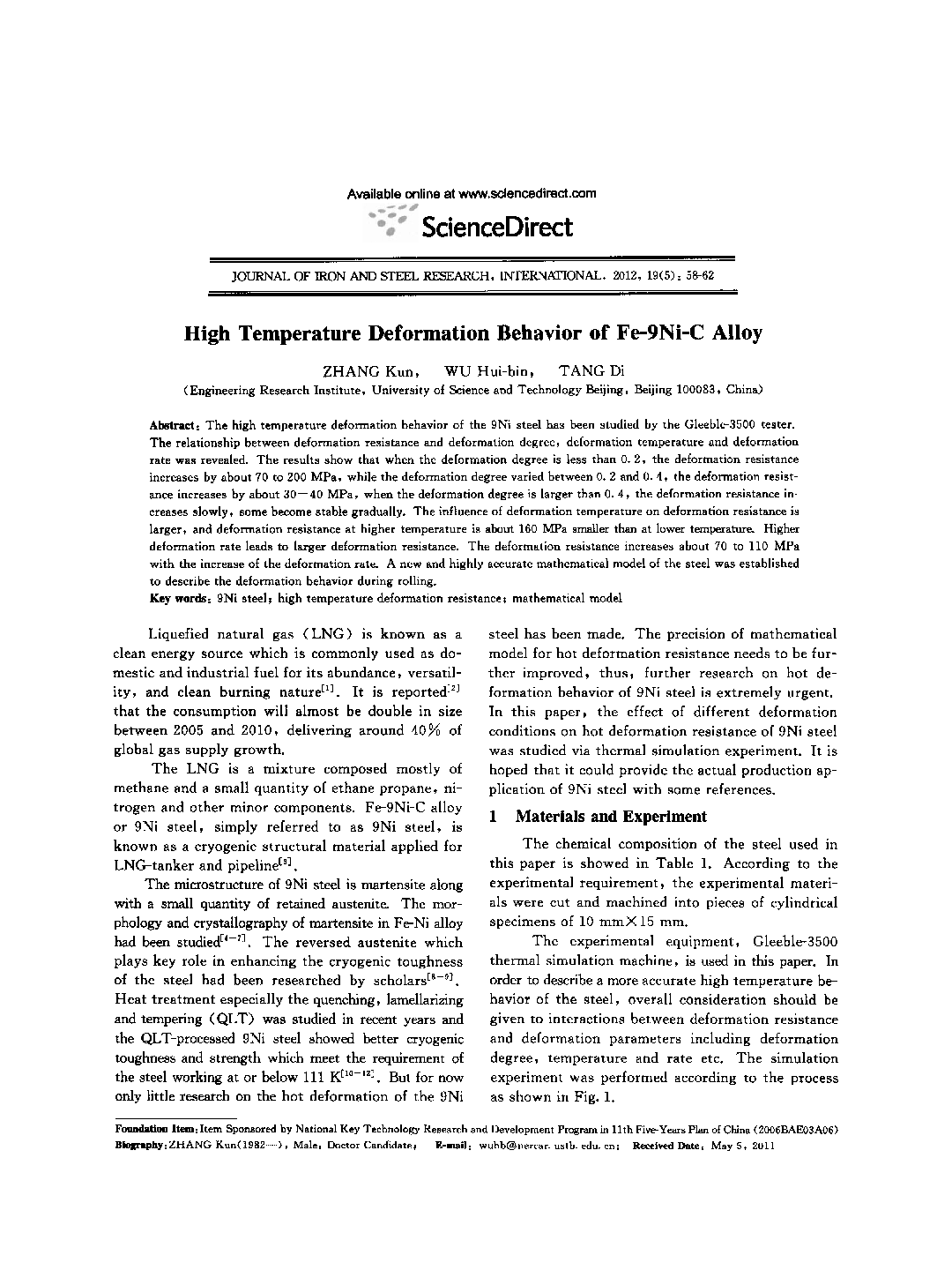 High Temperature Deformation Behavior of Fe-9Ni-C Alloy 