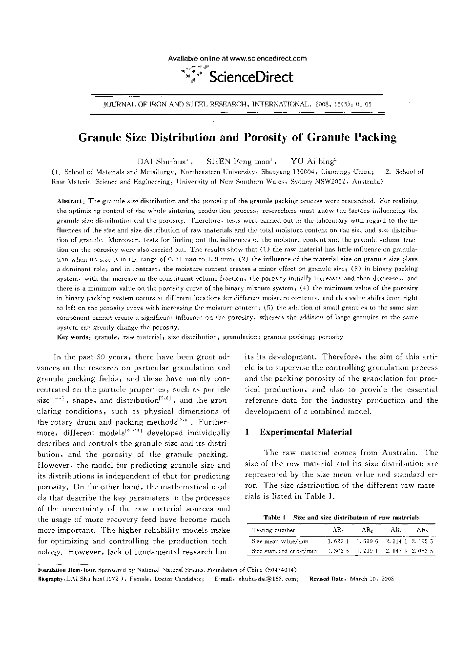 Granule Size Distribution and Porosity of Granule Packing 