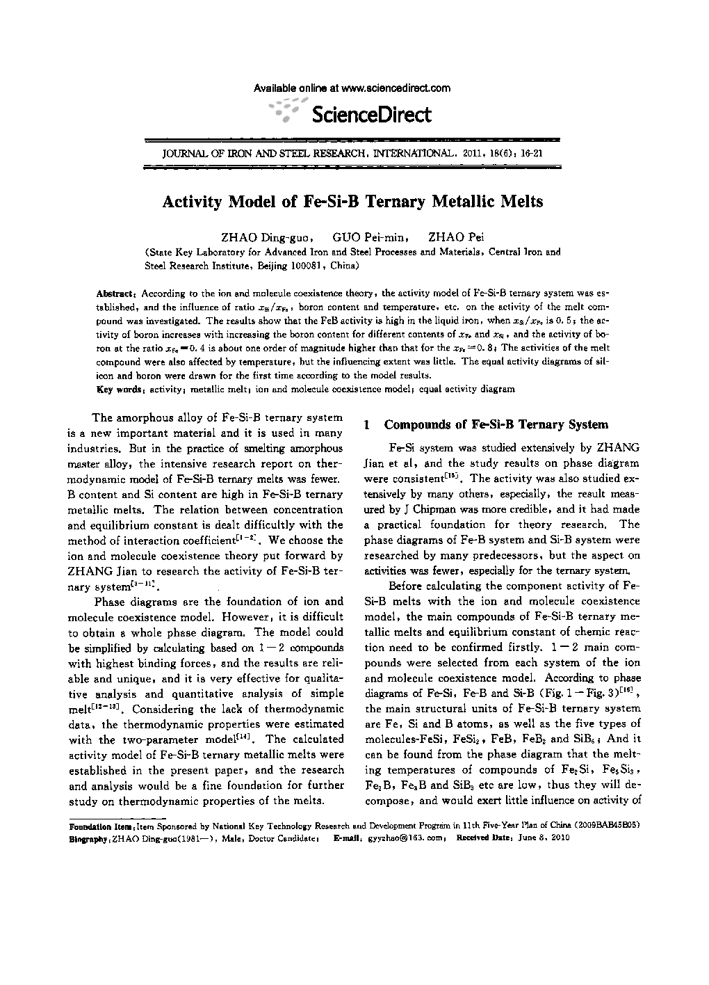 عکس صفحه اول مقاله: Activity Model of Fe-Si-B Ternary Metallic Melts Activity Model of Fe-Si-B Ternary Metallic Melts
