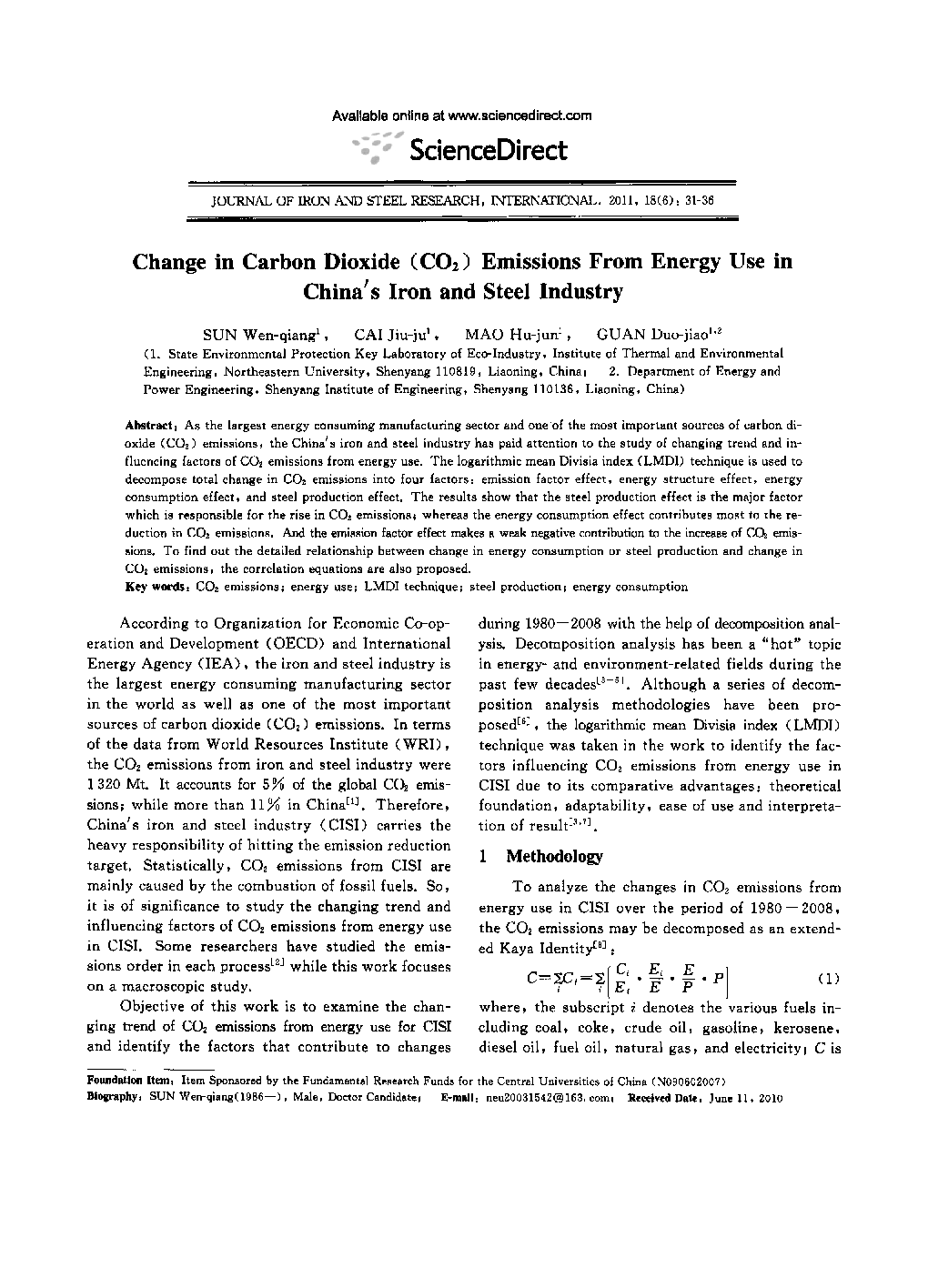 عکس صفحه اول مقاله: Change in Carbon Dioxide (CO2) Emissions From Energy Use in China's Iron and Steel Industry Change in Carbon Dioxide (CO2) Emissions From Energy Use in China's Iron and Steel Industry