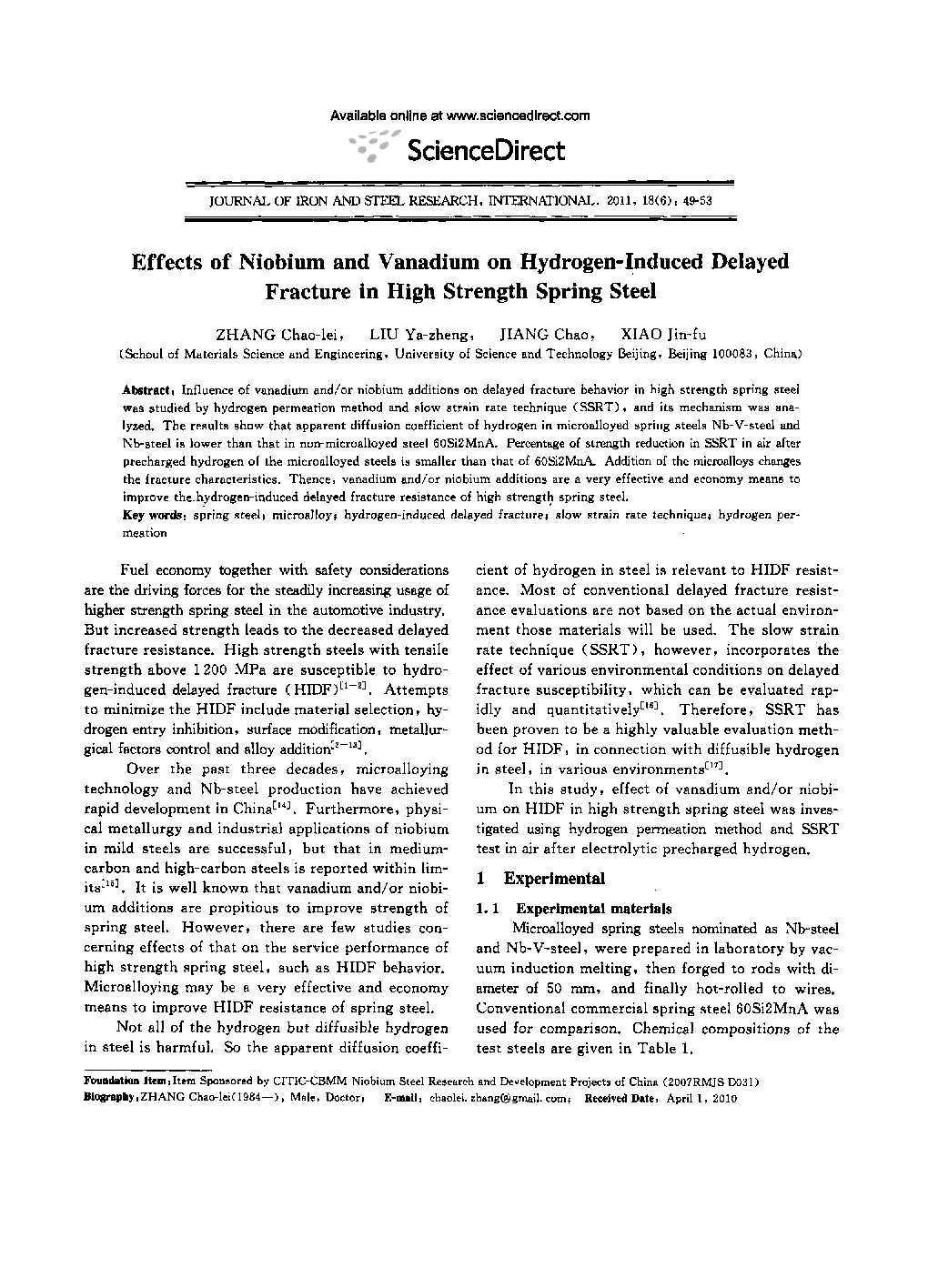 Effects of Niobium and Vanadium on Hydrogen-Induced Delayed Fracture in High Strength Spring Steel 