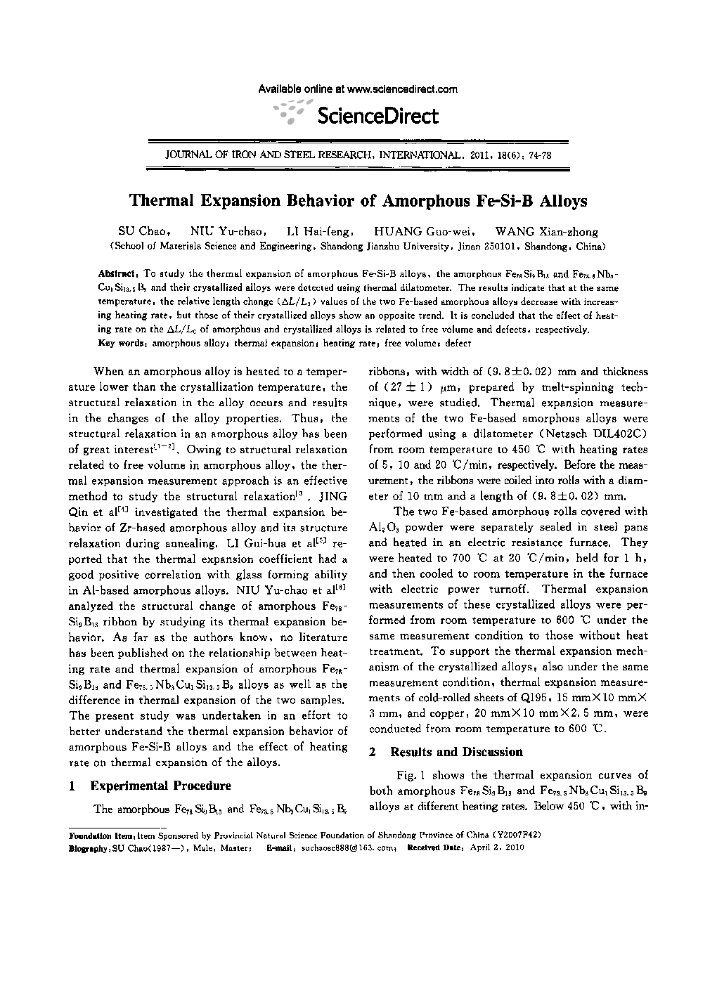 Thermal Expansion Behavior of Amorphous Fe-Si-B Alloys 