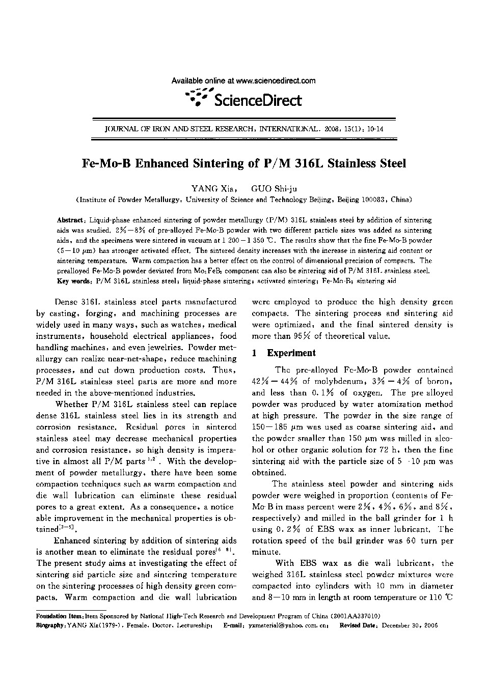عکس صفحه اول مقاله: Fe-Mo-B Enhanced Sintering of P/M 316L Stainless Steel Fe-Mo-B Enhanced Sintering of P/M 316L Stainless Steel