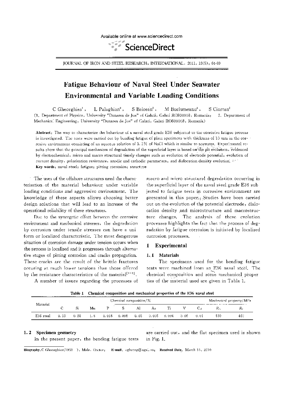 عکس صفحه اول مقاله: Fatigue Behaviour of Naval Steel Under Seawater Environmental and Variable Loading Conditions Fatigue Behaviour of Naval Steel Under Seawater Environmental and Variable Loading Conditions