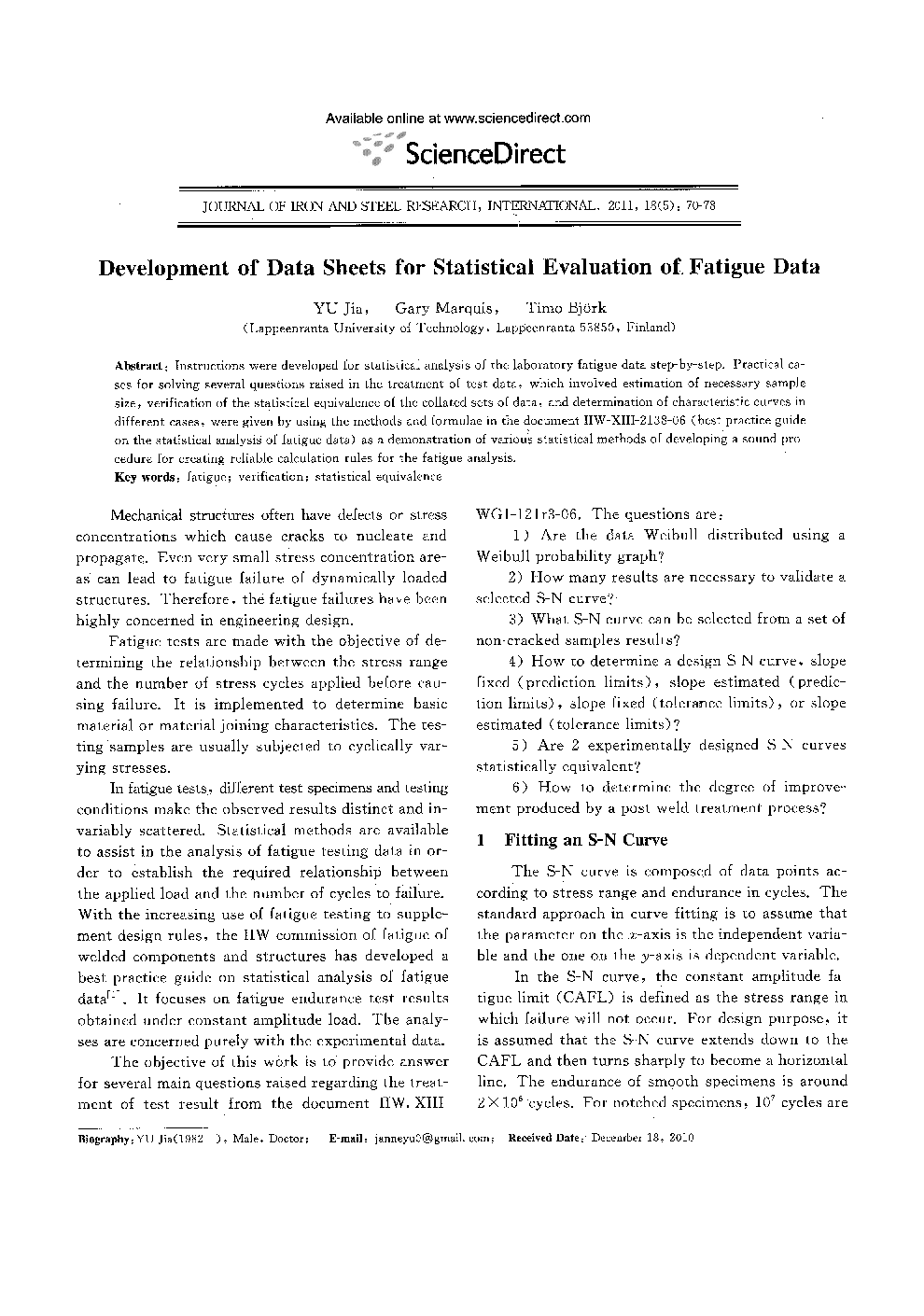 Development of Data Sheets for Statistical Evaluation of Fatigue Data