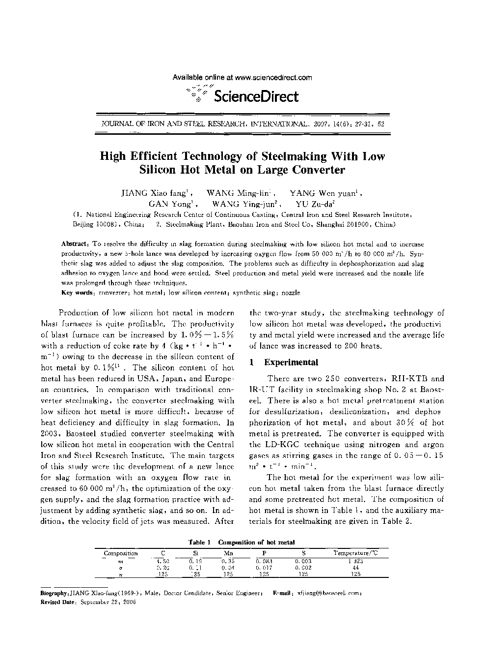 High Efficient Technology of Steelmaking With Low Silicon Hot Metal on Large Converter