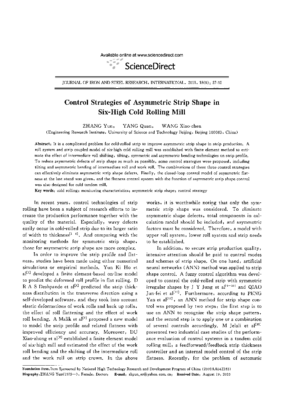 Control Strategies of Asymmetric Strip Shape in Six-High Cold Rolling Mill