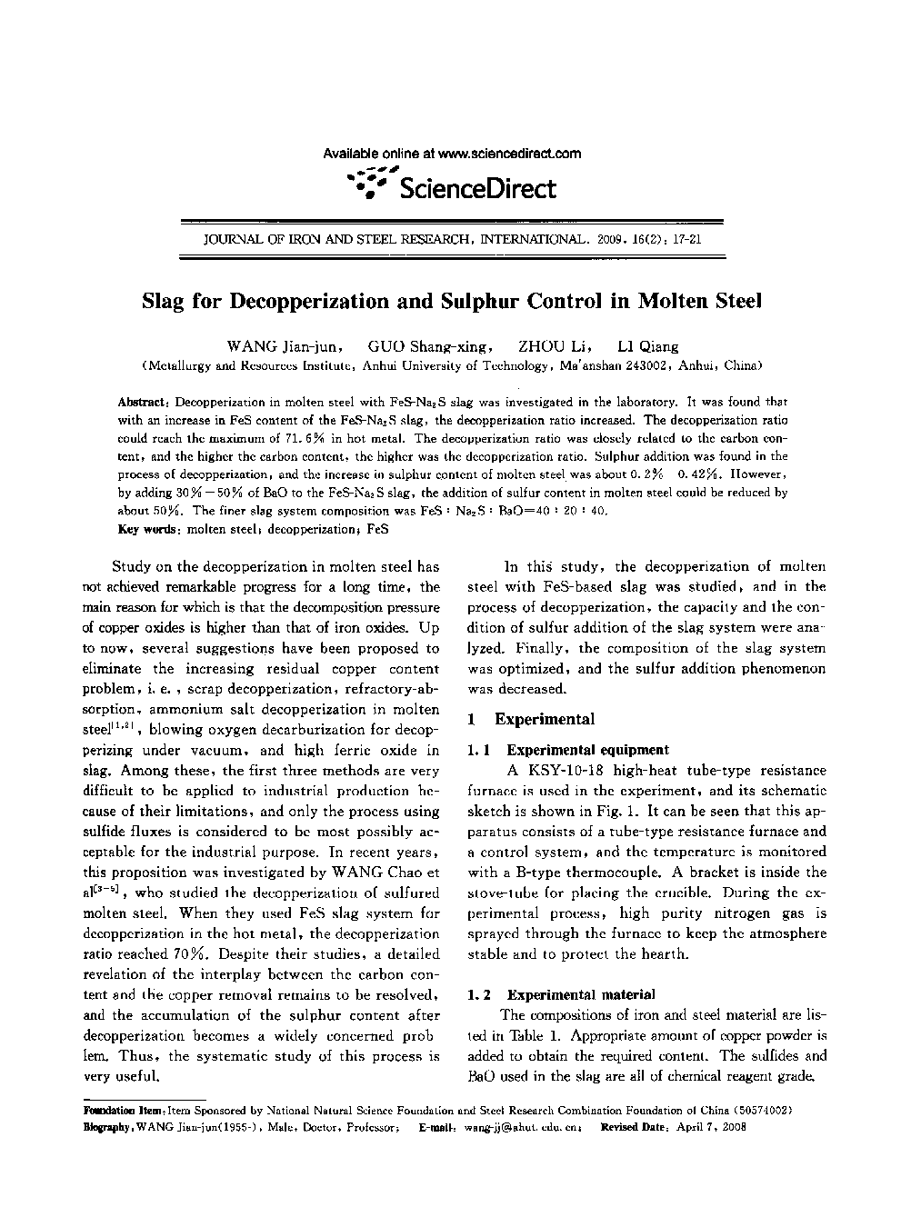 Slag for Decopperization and Sulphur Control in Molten Steel 