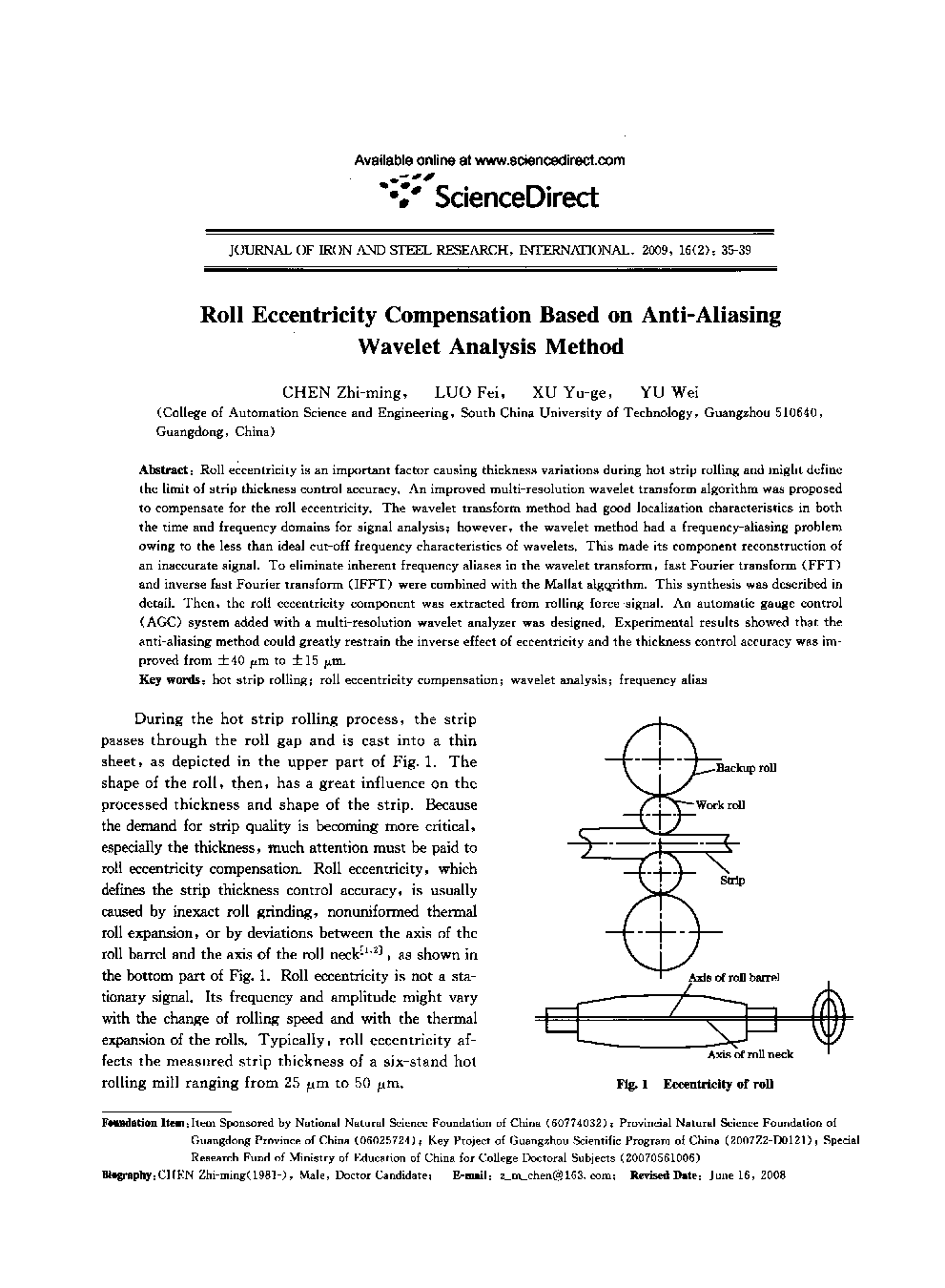 عکس صفحه اول مقاله: Roll Eccentricity Compensation Based on Anti-Aliasing Wavelet Analysis Method Roll Eccentricity Compensation Based on Anti-Aliasing Wavelet Analysis Method