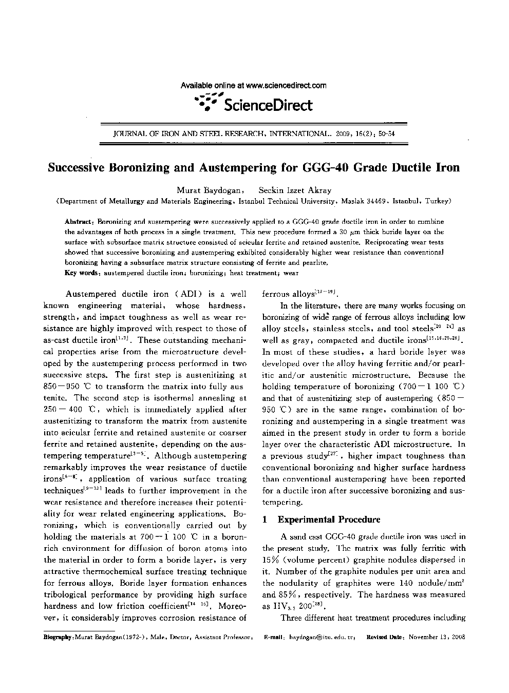 عکس صفحه اول مقاله: Successive Boronizing and Austempering for GGG-40 Grade Ductile Iron Successive Boronizing and Austempering for GGG-40 Grade Ductile Iron