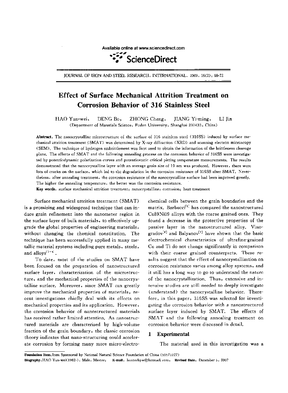 عکس صفحه اول مقاله: Effect of Surface Mechanical Attrition Treatment on Corrosion Behavior of 316 Stainless Steel Effect of Surface Mechanical Attrition Treatment on Corrosion Behavior of 316 Stainless Steel