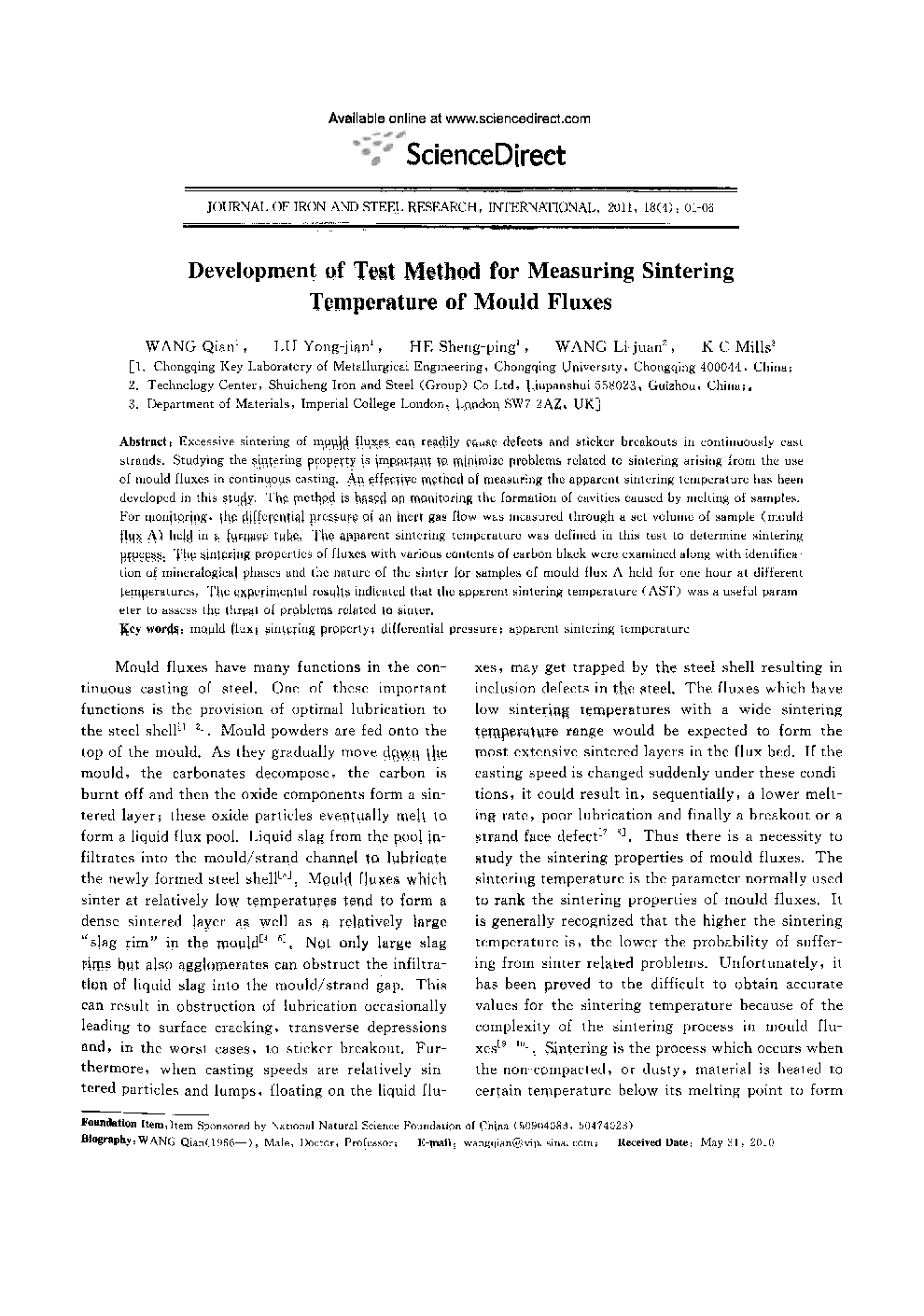 Development of Test Method for Measuring Sintering Temperature of Mould Fluxes 