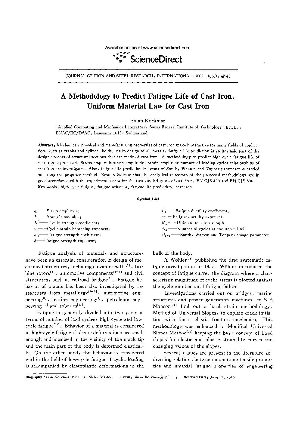 A Methodology to Predict Fatigue Life of Cast Iron: Uniform Material Law for Cast Iron