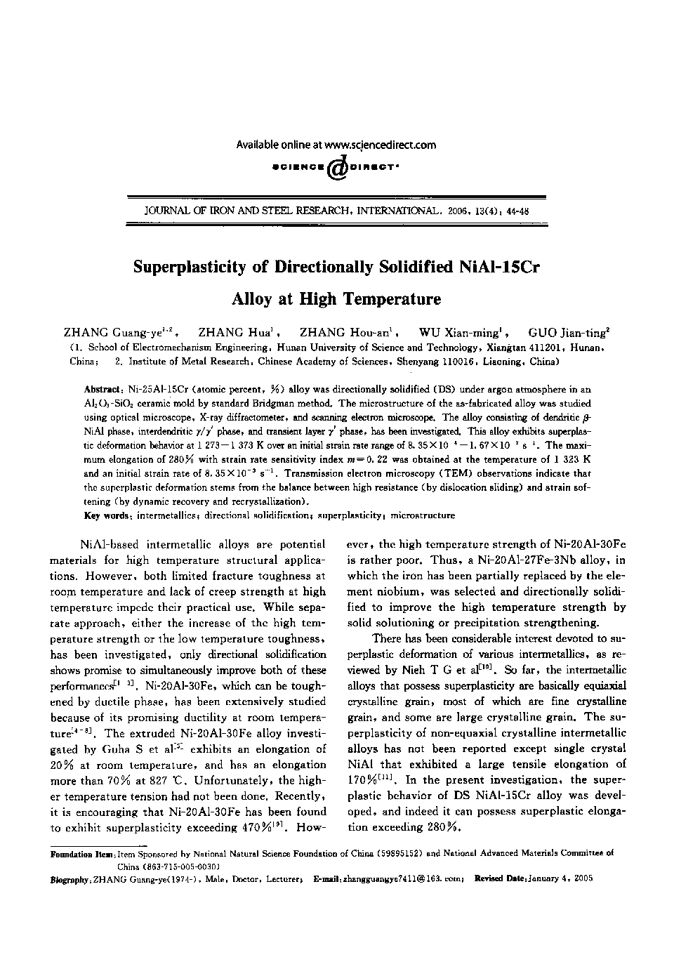 Superplasticity of Directionally Solidified NiAl-15Cr Alloy at High Temperature 