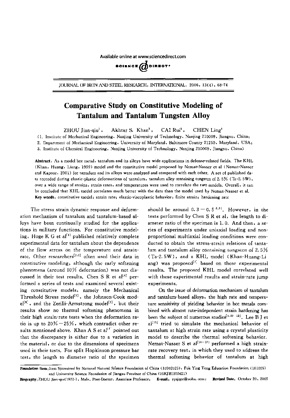 Comparative Study on Constitutive Modeling of Tantalum and Tantalum Tungsten Alloy