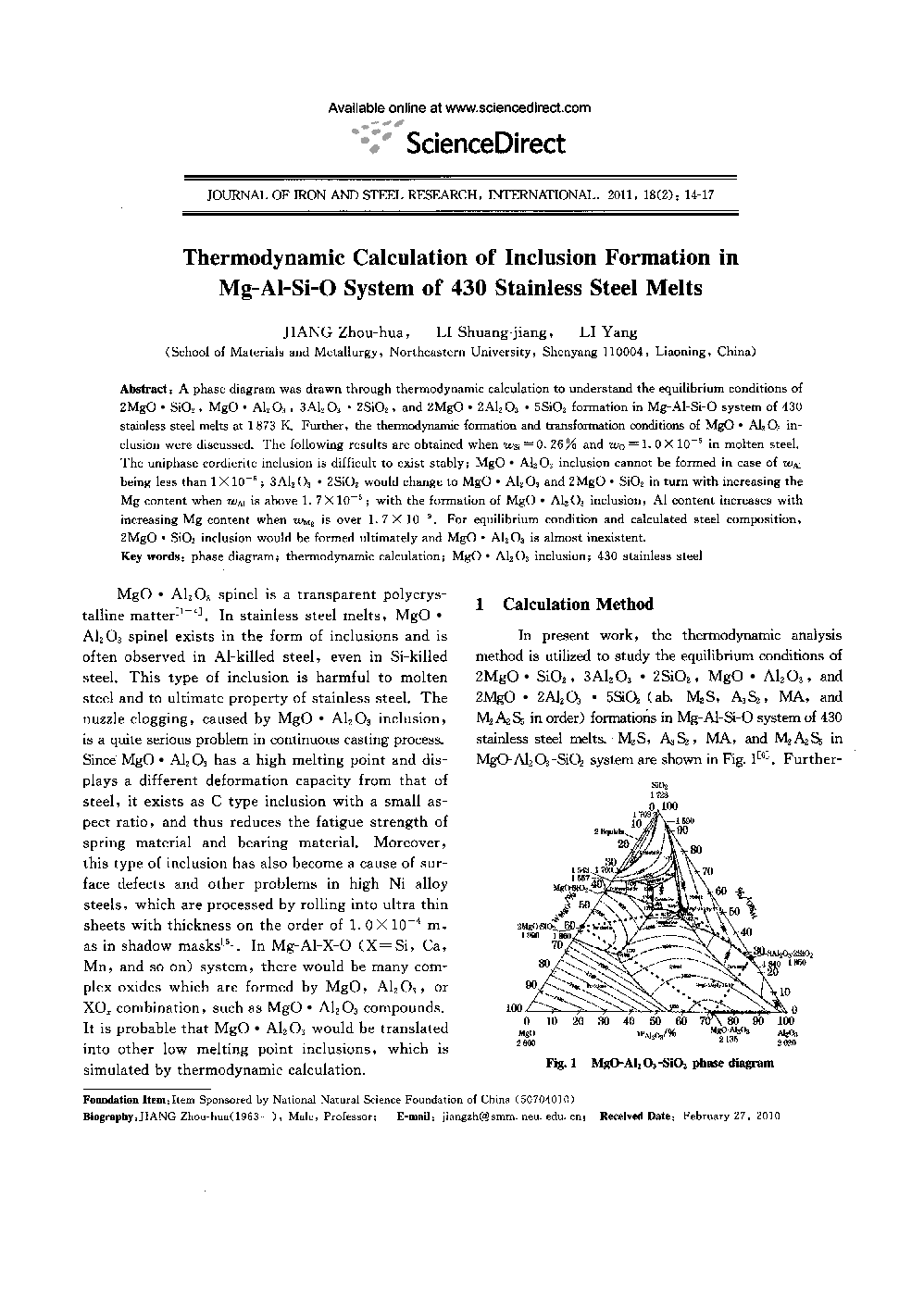 Thermodynamic Calculation of Inclusion Formation in Mg-Al-Si-O System of 430 Stainless Steel Melts 
