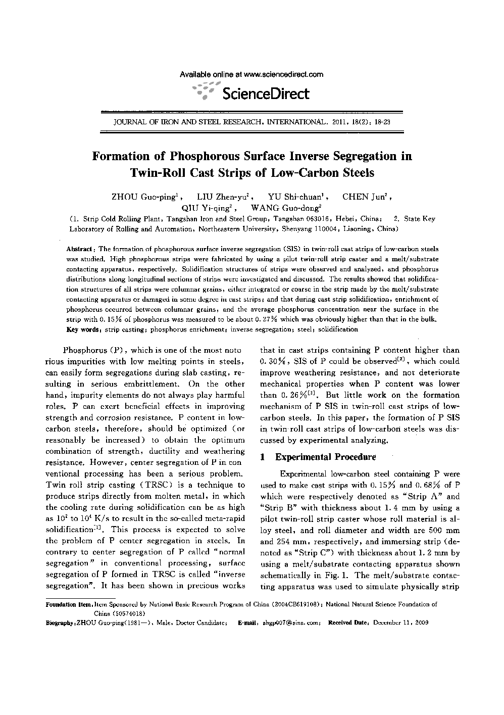 Formation of Phosphorous Surface Inverse Segregation in Twin-Roll Cast Strips of Low-Carbon Steels 