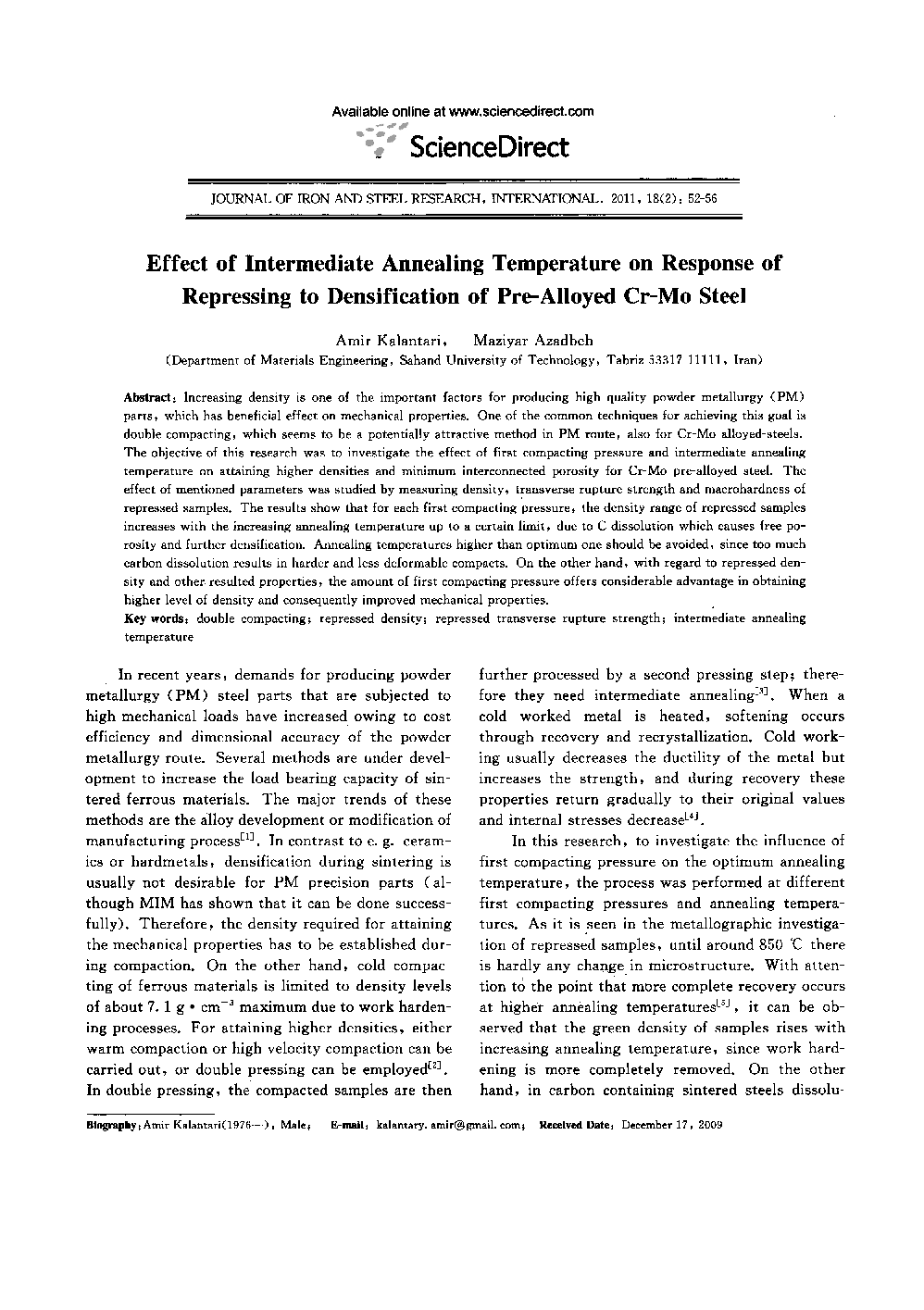 Effect of Intermediate Annealing Temperature on Response of Repressing to Densification of Pre-Alloyed Cr-Mo Steel