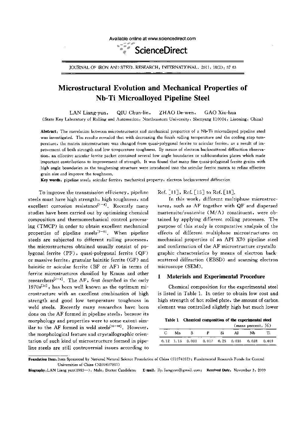 Microstructural Evolution and Mechanical Properties of Nb-Ti Microalloyed Pipeline Steel 