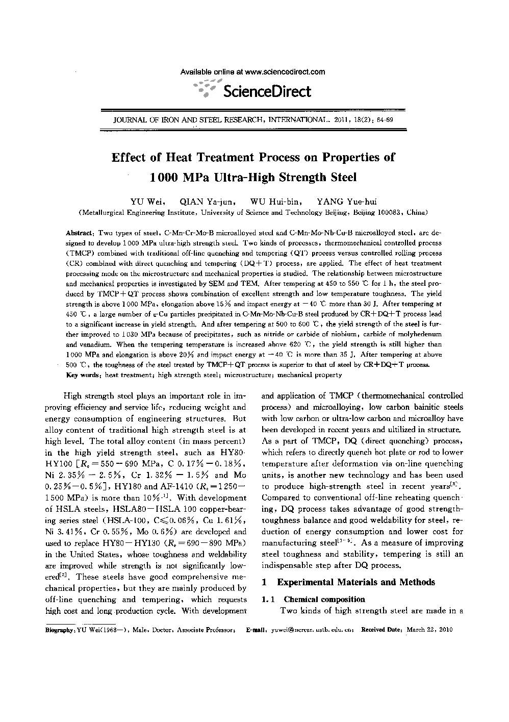 Effect of Heat Treatment Process on Properties of 1000 MPa Ultra-High Strength Steel