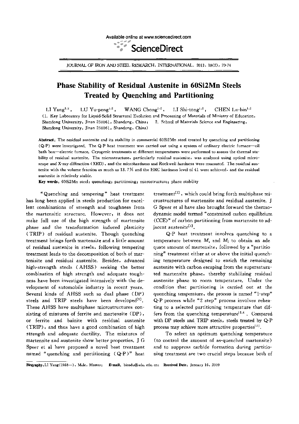 Phase Stability of Residual Austenite in 60Si2Mn Steels Treated by Quenching and Partitioning