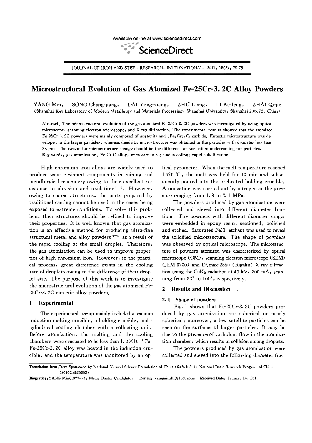 Microstructural Evolution of Gas Atomized Fe-25Cr-3. 2C Alloy Powders 