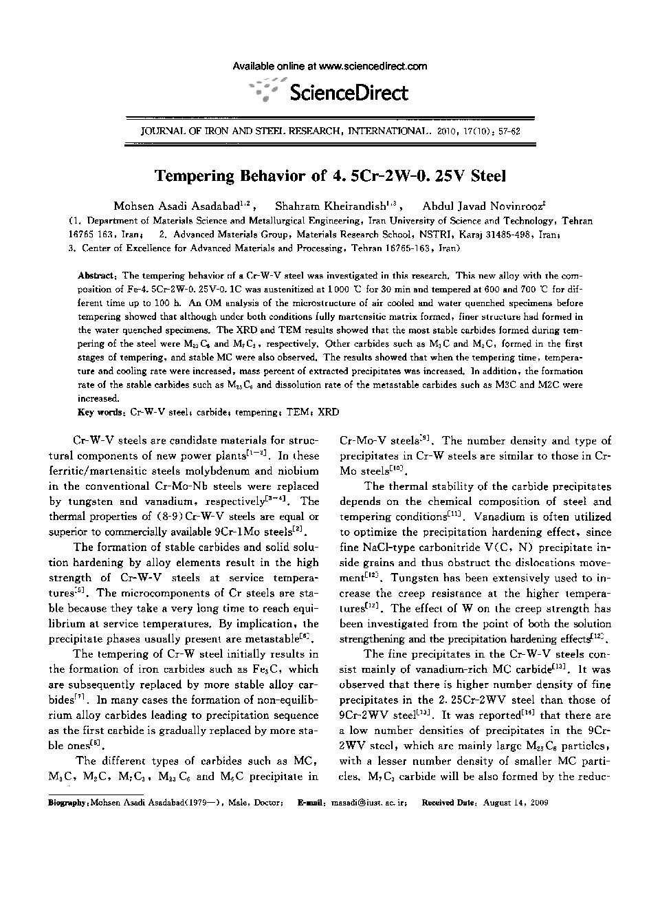 Tempering Behavior of 4. 5Cr-2W-0. 25V Steel