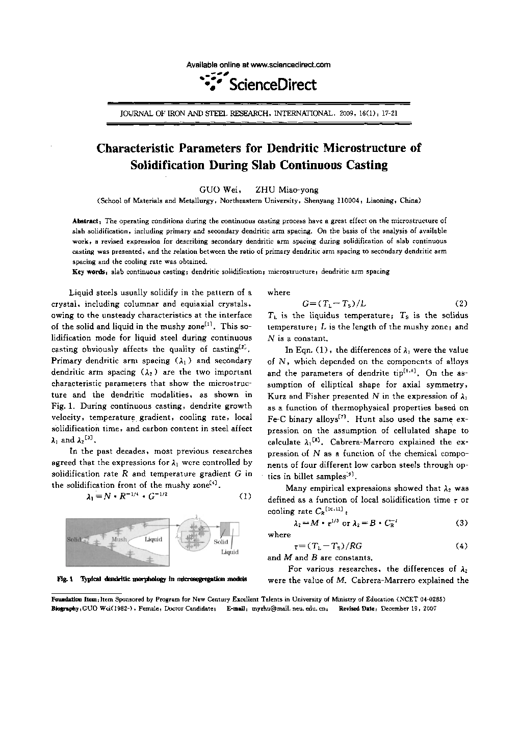 Characteristic Parameters for Dendritic Microstructure of Solidification During Slab Continuous Casting