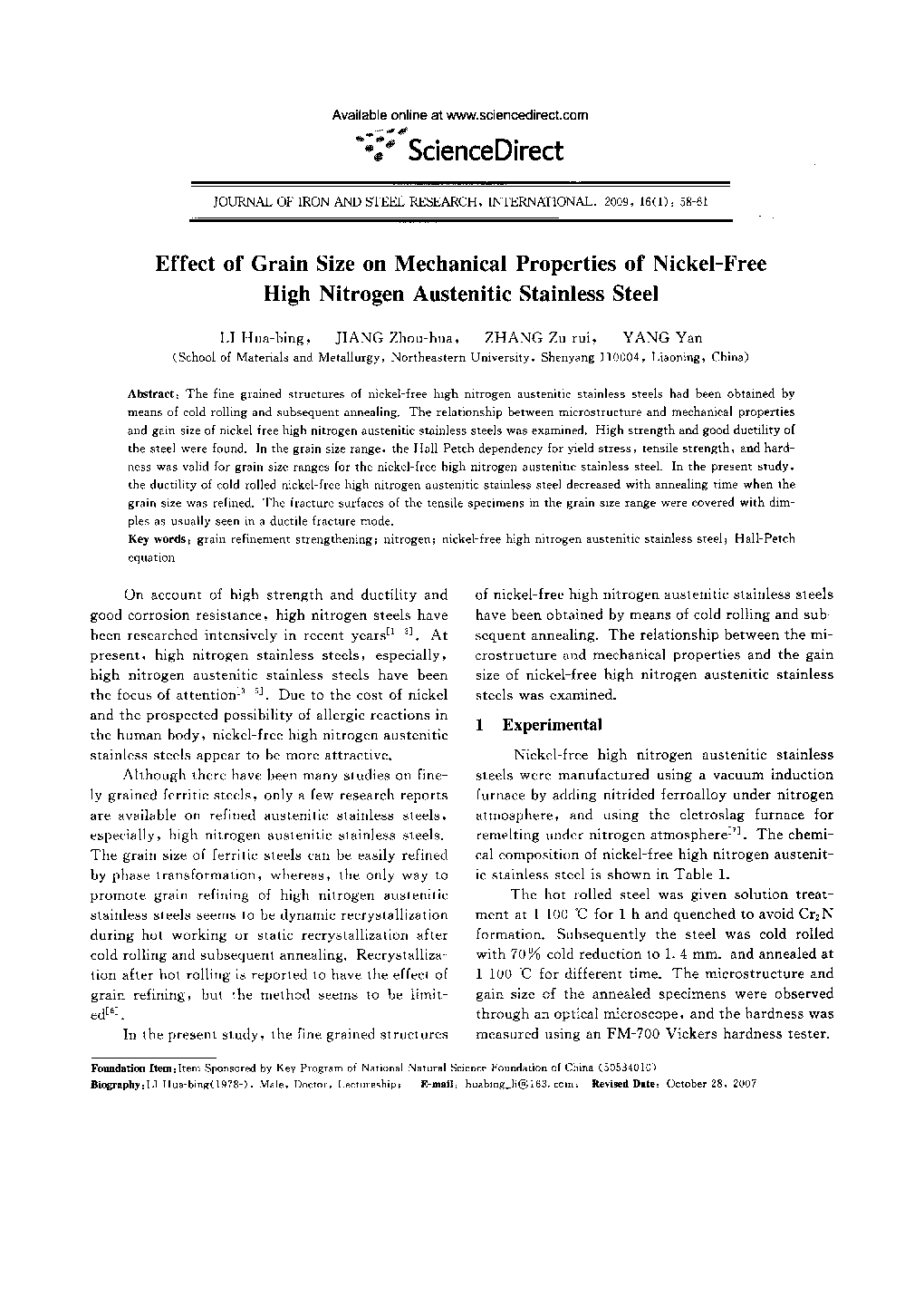 Effect of Grain Size on Mechanical Properties of Nickel-Free High Nitrogen Austenitic Stainless Steel 