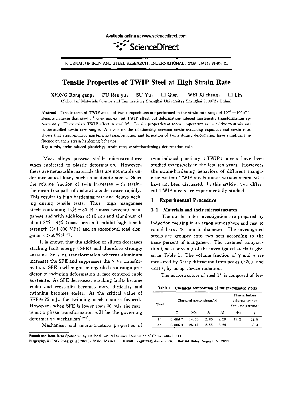 Tensile Properties of TWIP Steel at High Strain Rate