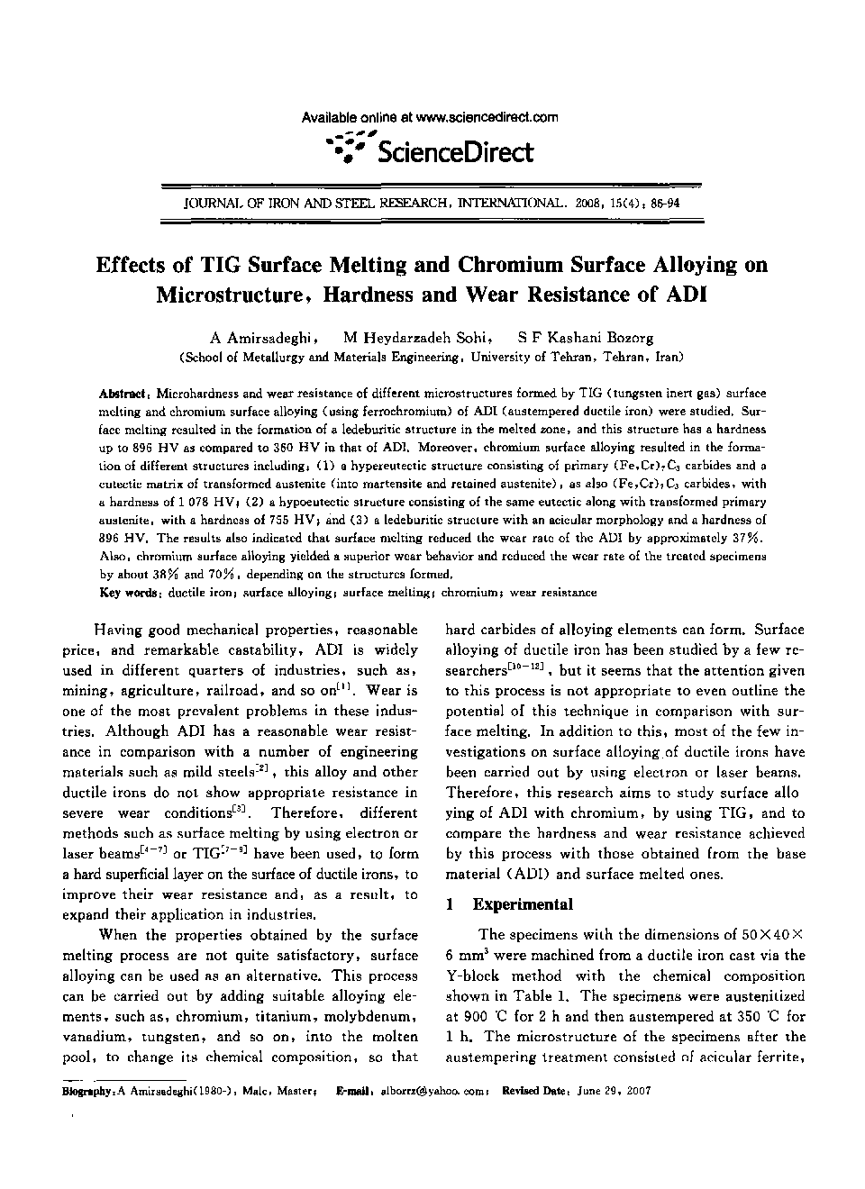 Effects of TIG Surface Melting and Chromium Surface Alloying on Microstructure, Hardness and Wear Resistance of ADI