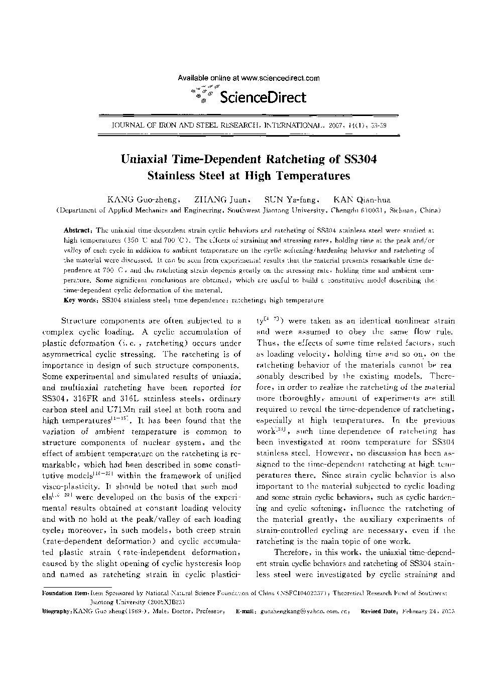Uniaxial Time-Dependent Ratcheting of SS304 Stainless Steel at High Temperatures 