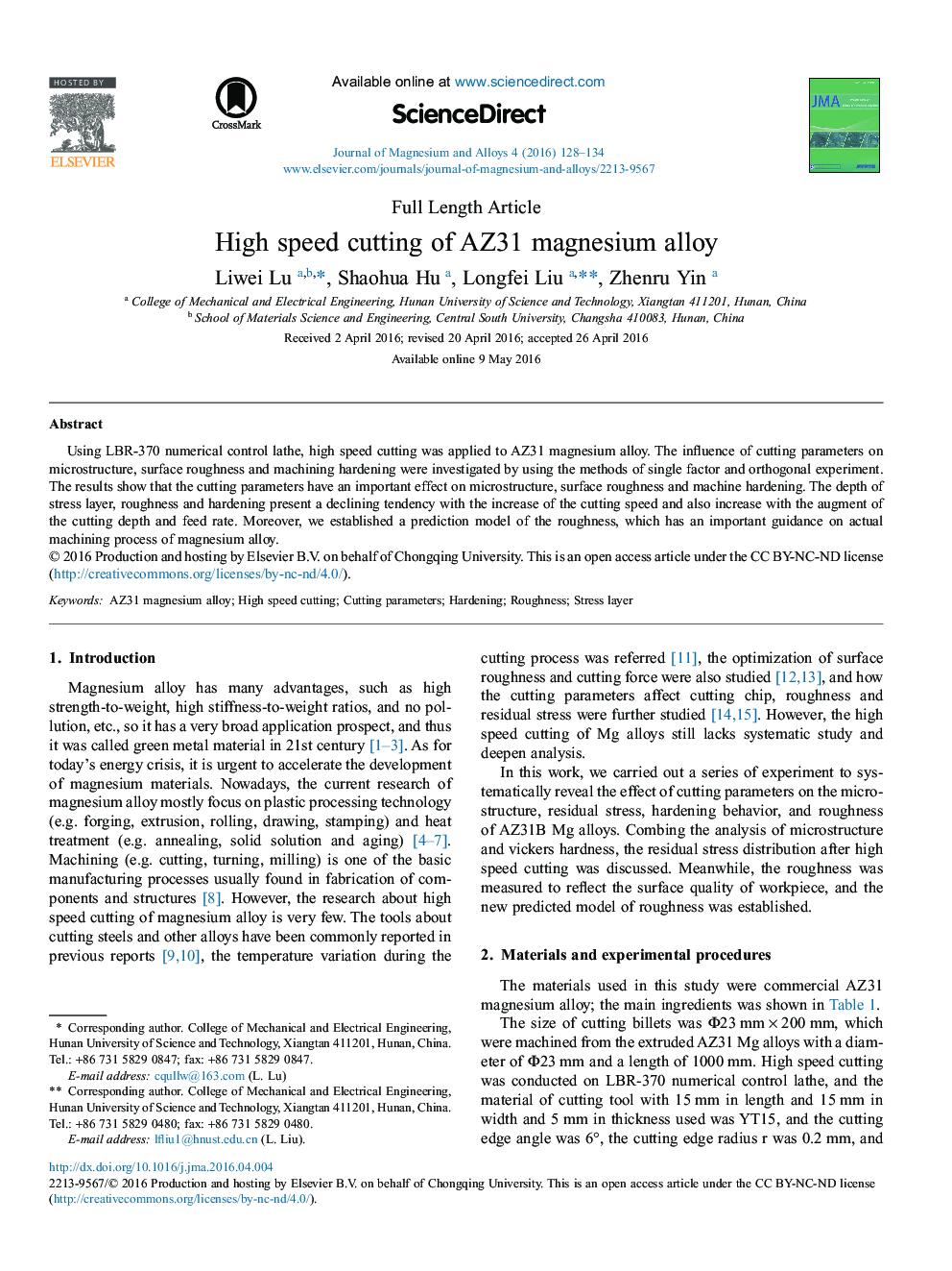 High speed cutting of AZ31 magnesium alloy