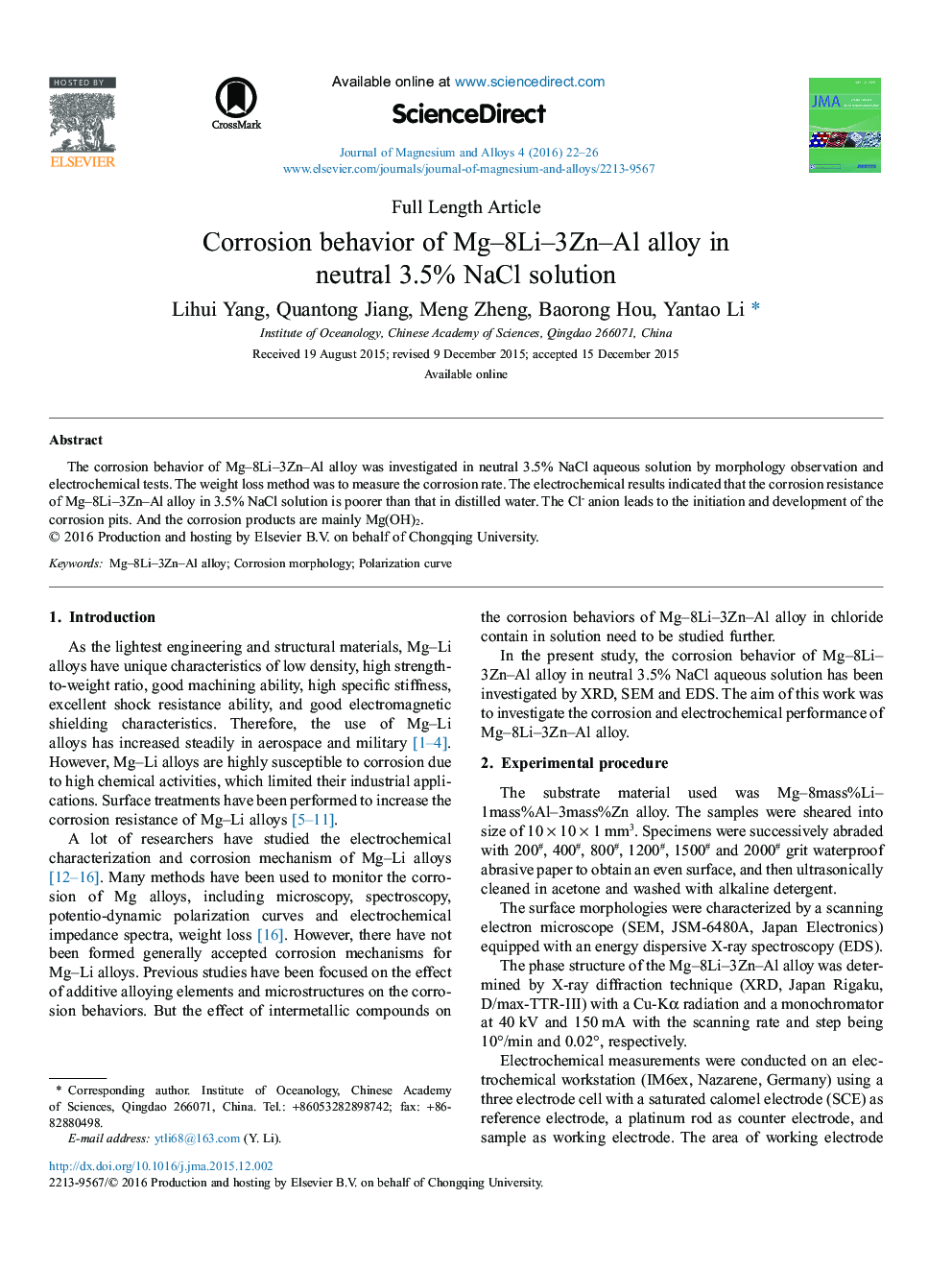 Corrosion behavior of Mg–8Li–3Zn–Al alloy in neutral 3.5% NaCl solution