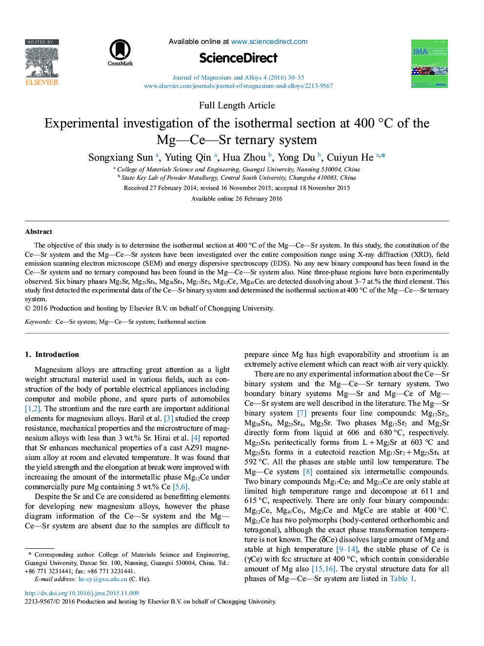 Experimental investigation of the isothermal section at 400 °C of the MgCeSr ternary system